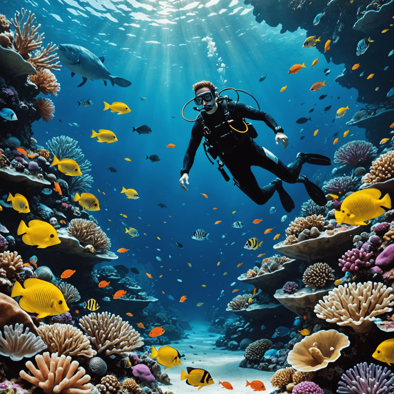A serene underwater scene with diverse marine life, including colorful fish, coral reefs, and a distant silhouette of a diver observing ethically
