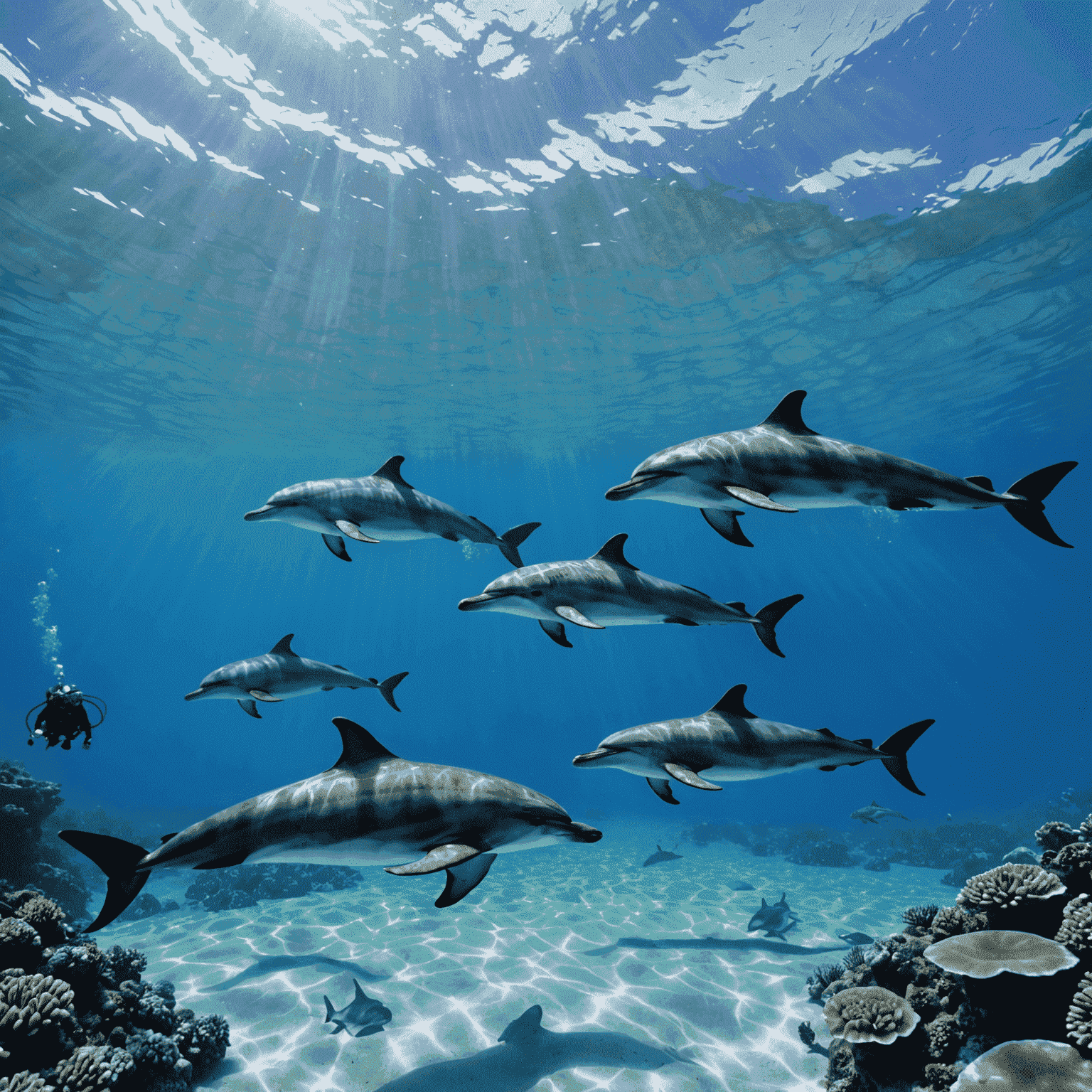 A group of divers observing a pod of dolphins swimming peacefully in clear blue waters, demonstrating responsible marine wildlife viewing