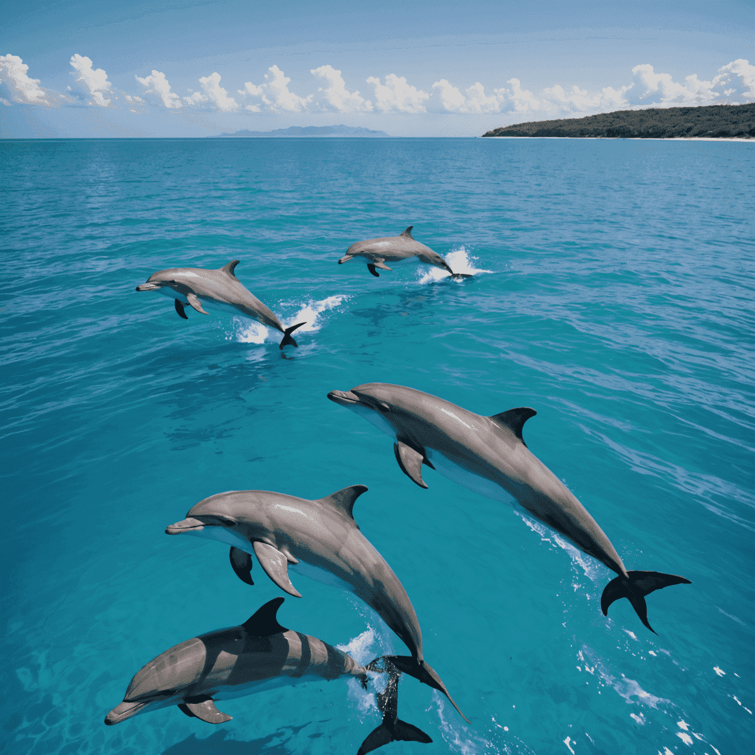 A group of dolphins swimming in clear blue water, with a small boat in the distance observing them responsibly