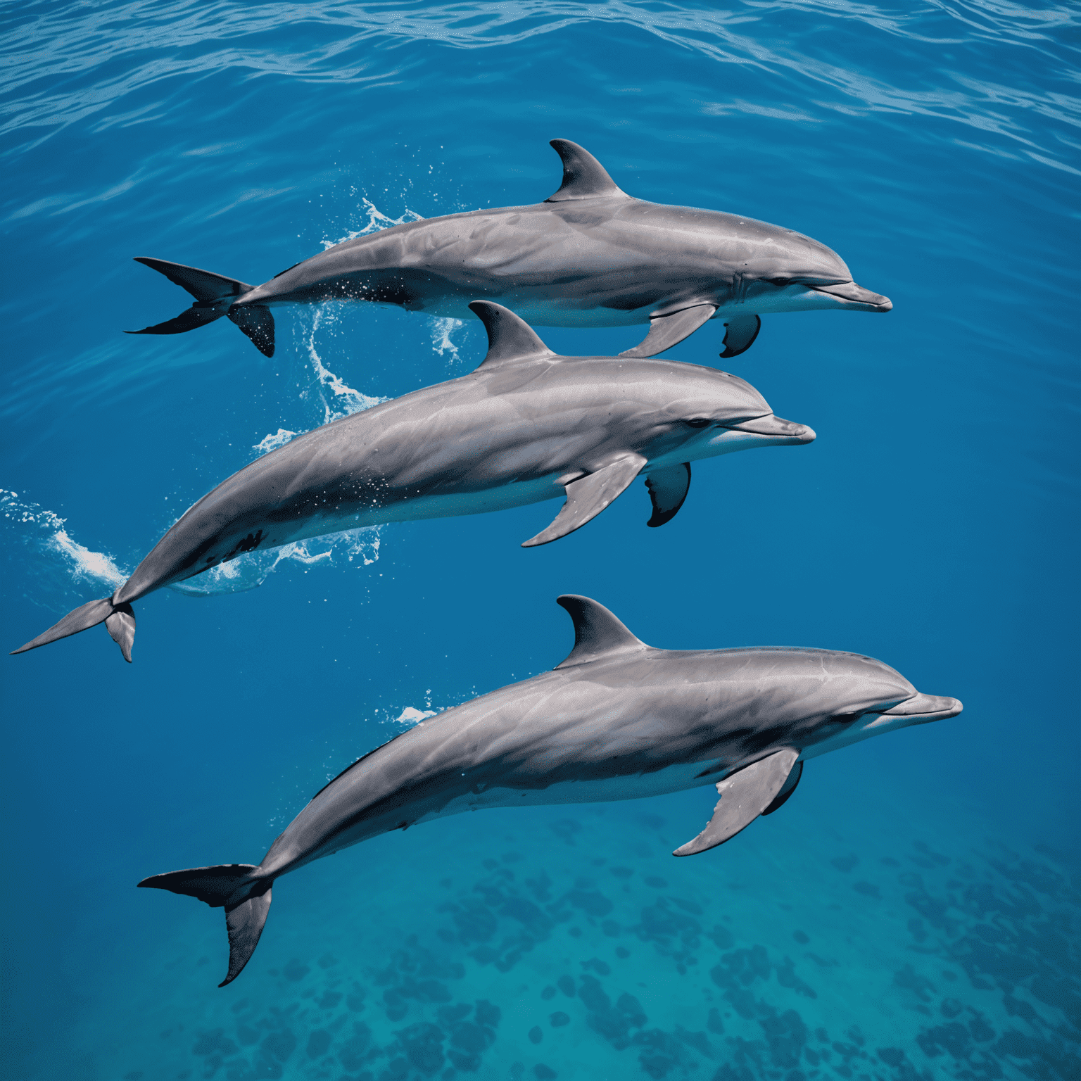 A group of bottlenose dolphins swimming in clear blue waters, with a small tour boat visible in the distance, maintaining a respectful distance