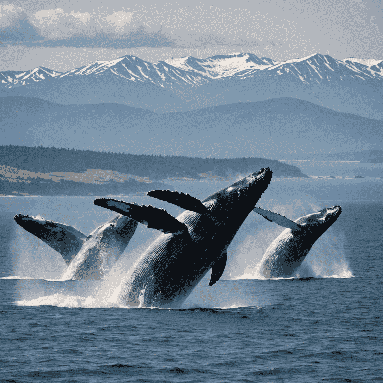 A pod of humpback whales breaching during migration, with a coastline visible in the background