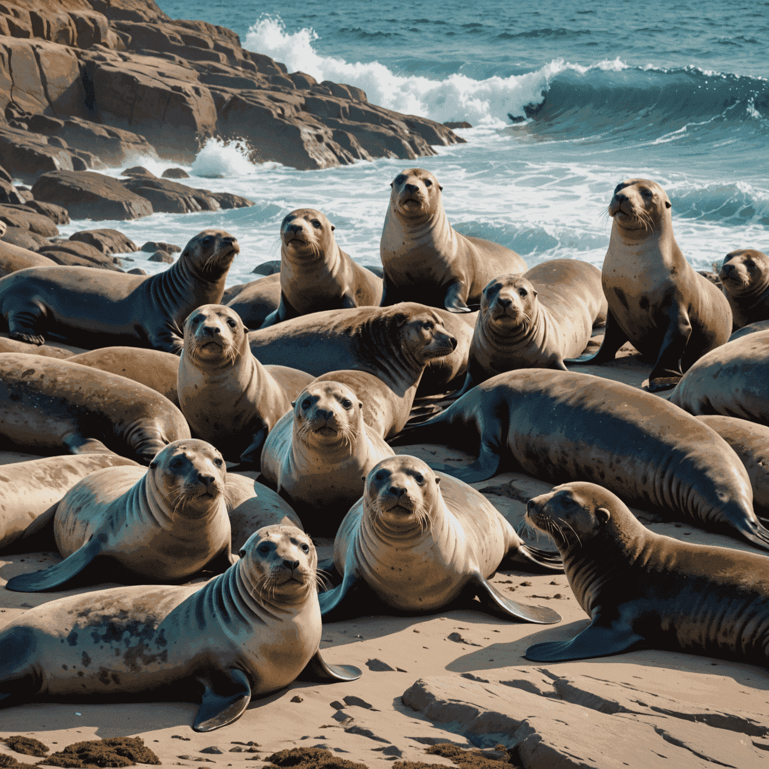 A group of seals and sea lions resting on a rocky coastline with waves crashing nearby. The animals are in various poses, some looking towards the camera while others are sleeping.