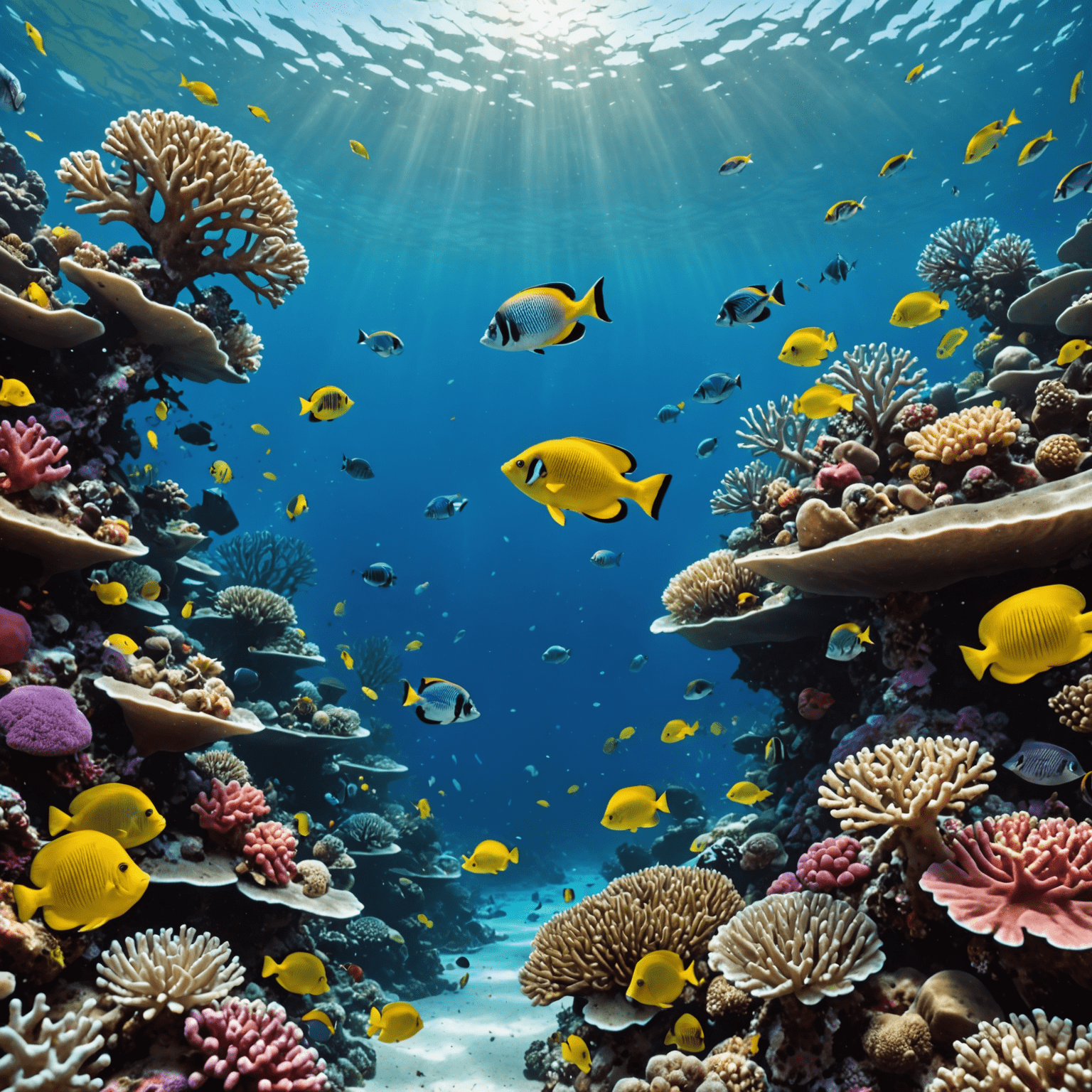 An underwater photographer carefully documenting a vibrant coral reef ecosystem with colorful fish swimming around, maintaining a respectful distance