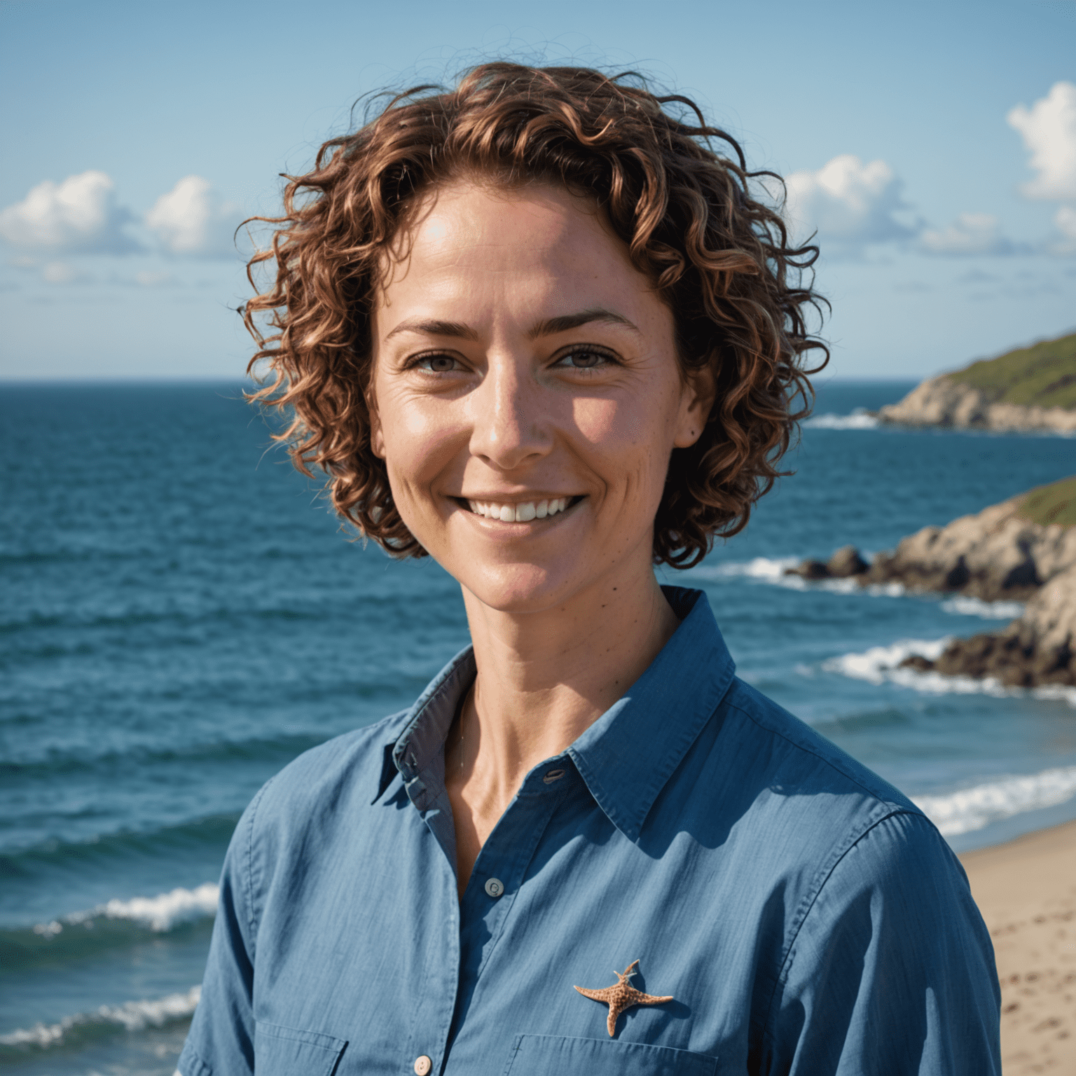 Portrait of Dr. Emma Waters, a marine biologist with short curly hair, wearing a blue shirt and smiling, with the ocean visible in the background