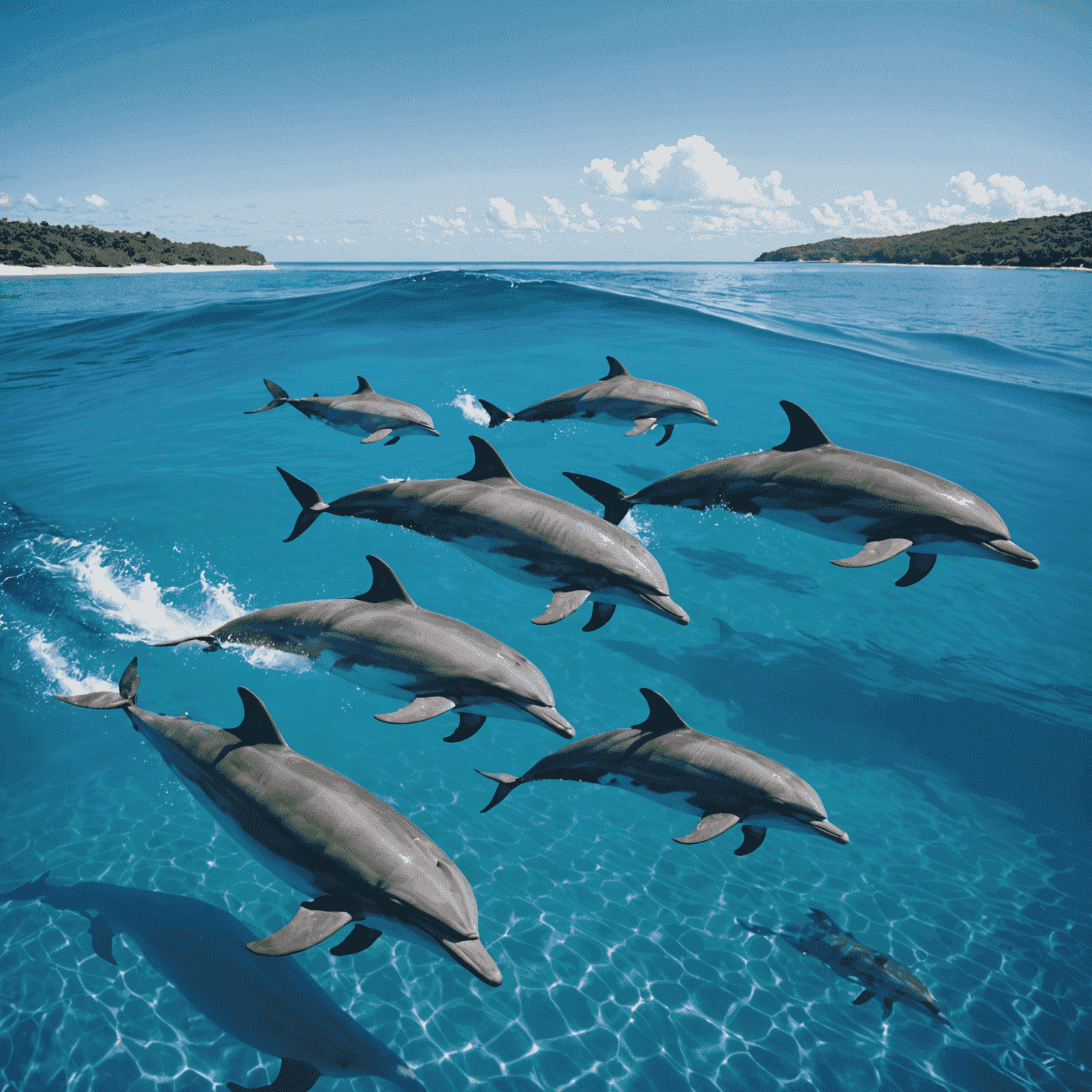 A group of dolphins swimming in clear blue water, with a boat in the distance observing responsibly