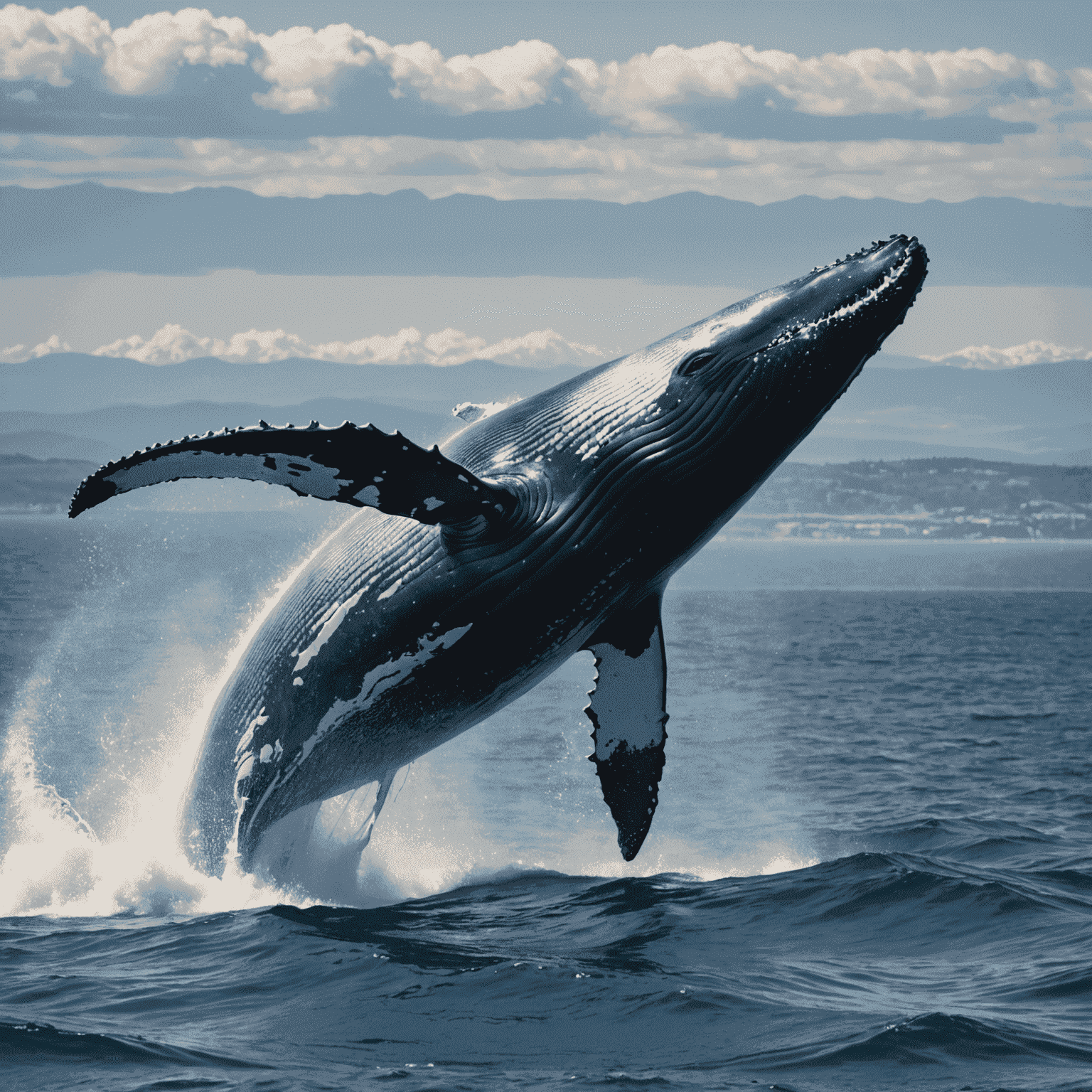 A majestic humpback whale breaching the ocean surface during migration, with a coastline visible in the background