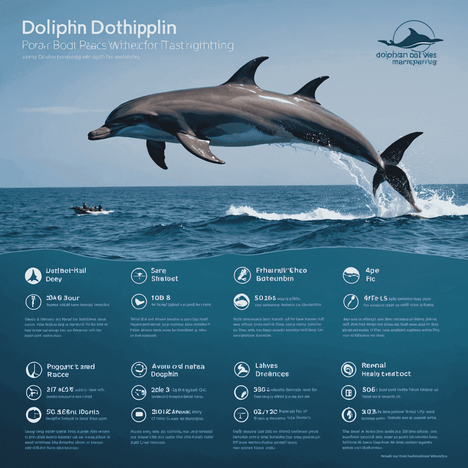 An infographic showing proper boat positioning and safe distances for dolphin watching, with calm waters and dolphin silhouettes