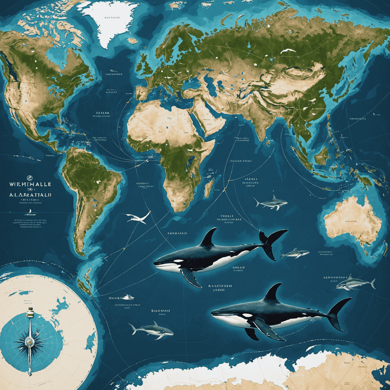 A map showing major whale migration routes across the world's oceans, with key watching locations marked