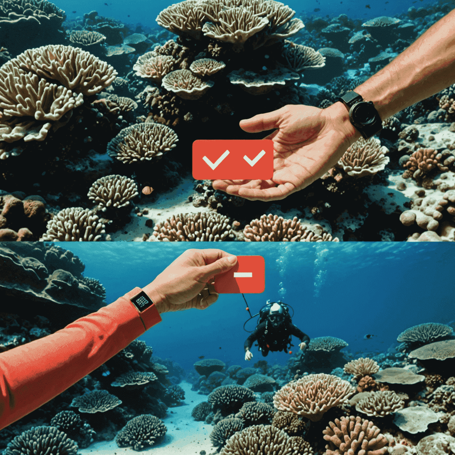 A split-screen image showing a photographer's hand reaching out to touch coral (crossed out) versus a photographer maintaining distance (checkmark)