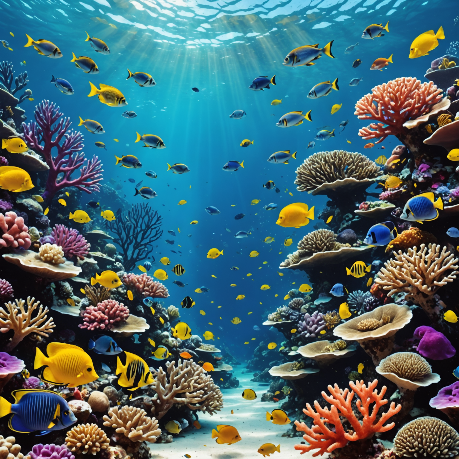 Underwater scene of a vibrant coral reef teeming with colorful fish and marine life within a protected area