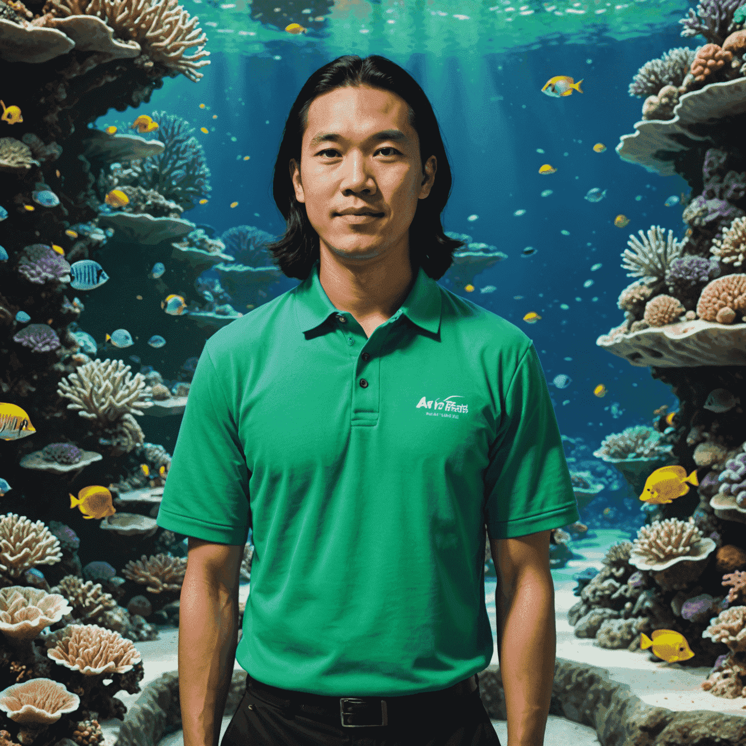 Portrait of Alex Chen, an environmental educator with long black hair, wearing a green polo shirt and standing next to a coral reef exhibit