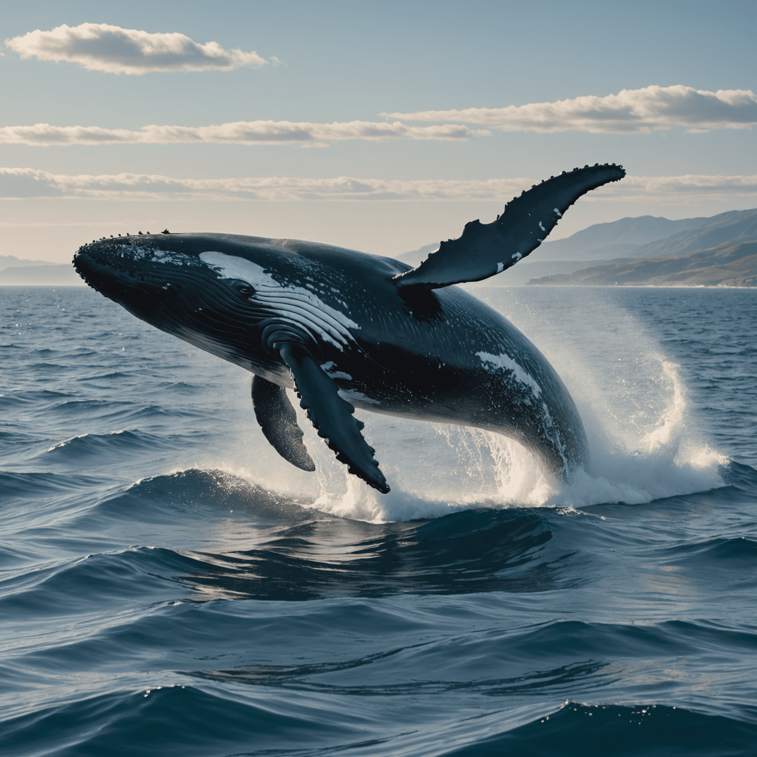 A majestic whale breaching the ocean surface during migration, with a coastline visible in the background