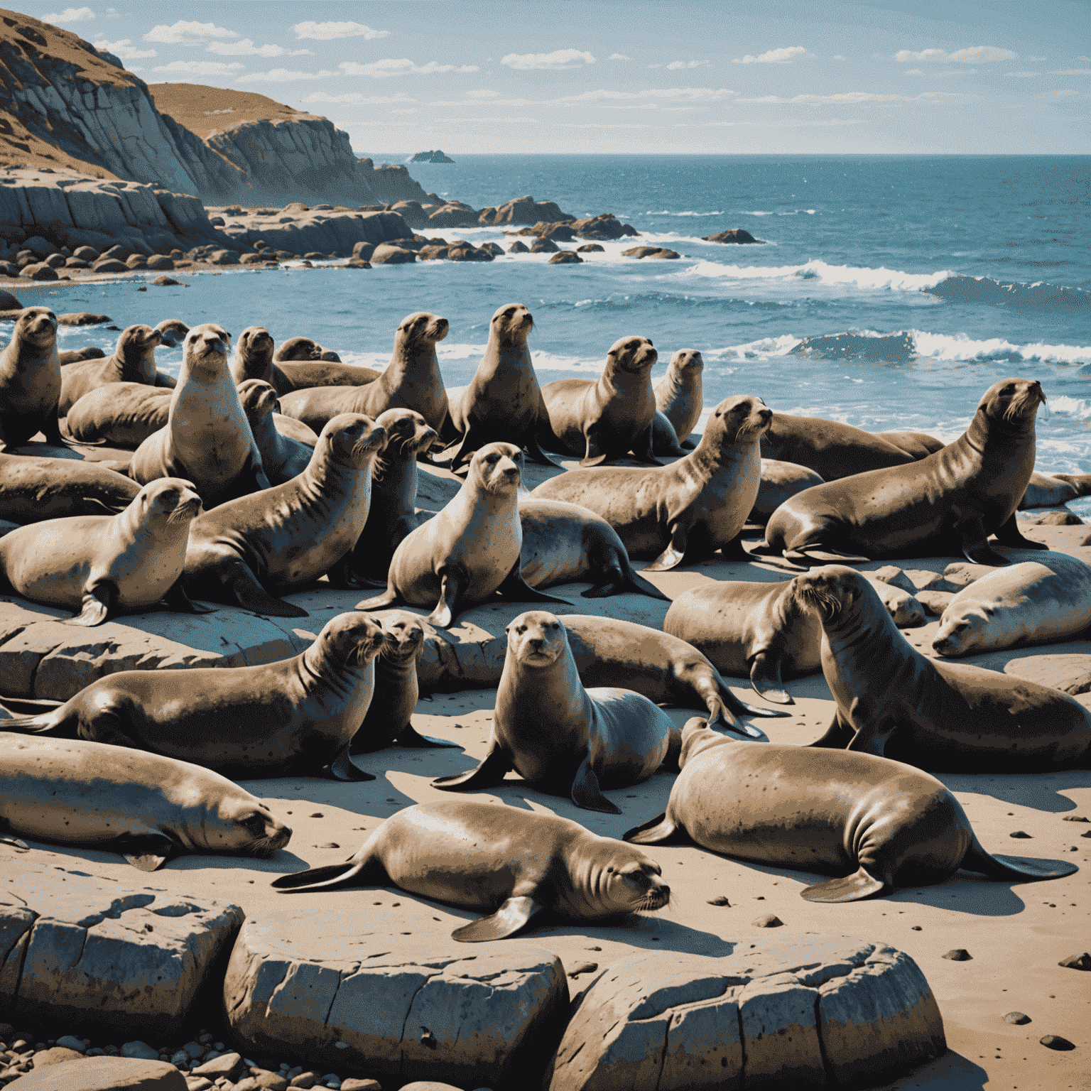 A group of seals and sea lions resting on a rocky shore, with observers maintaining a respectful distance