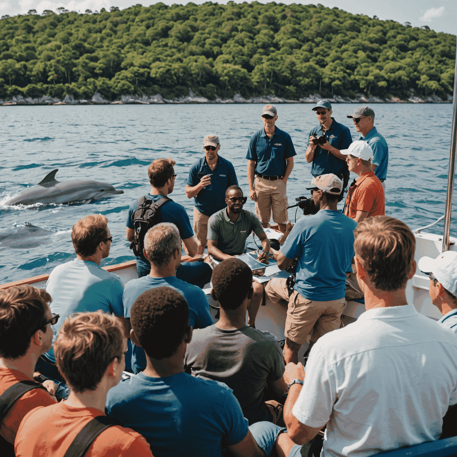 A diverse group of people on a boat, attentively listening to a guide explaining dolphin behavior, with educational materials and binoculars visible