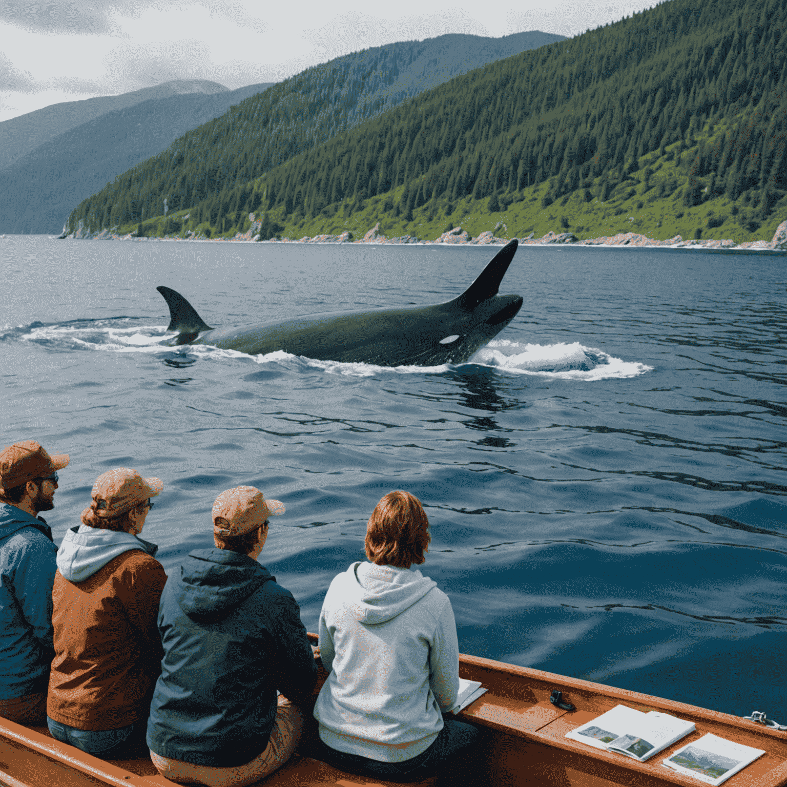 A group of tourists observing whales from a responsible distance on a small eco-friendly boat, with educational materials visible