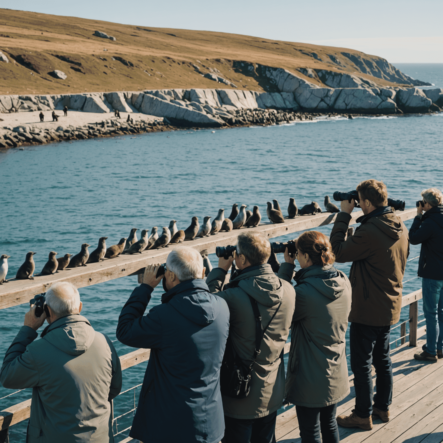 A peaceful scene of tourists quietly observing seals from a designated viewing platform, using binoculars and cameras with zoom lenses.