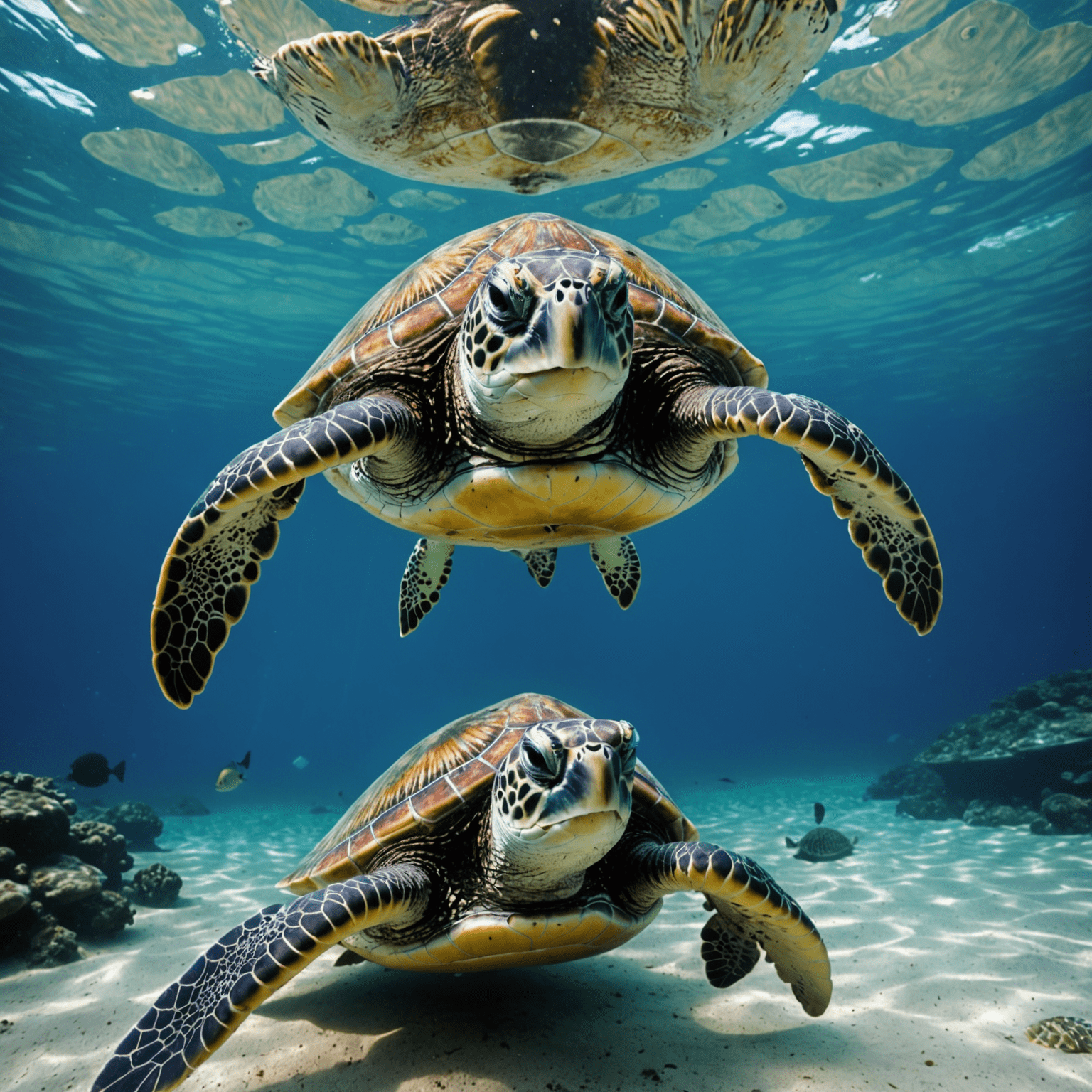 A patient underwater photographer floating motionless as a curious sea turtle swims nearby, demonstrating the value of waiting for natural interactions