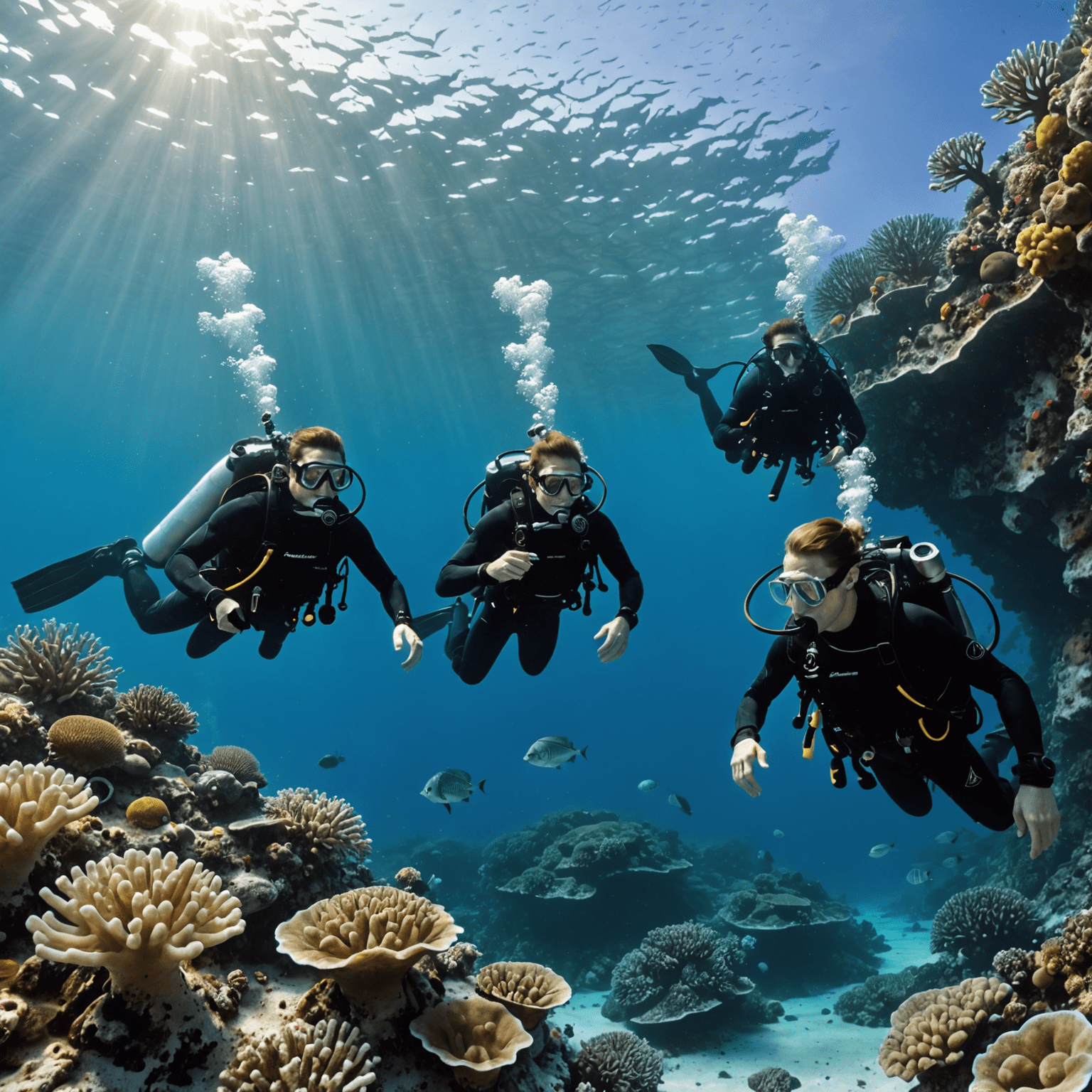 A group of divers observing and documenting marine life in a protected area, showcasing responsible tourism