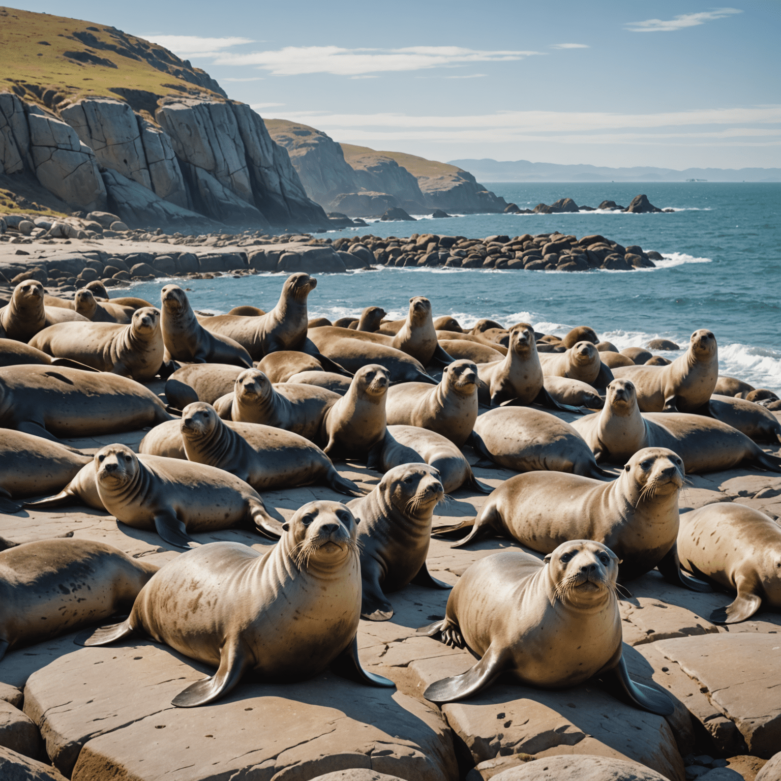 A group of seals and sea lions resting on a rocky coast, with viewers observing from a safe distance