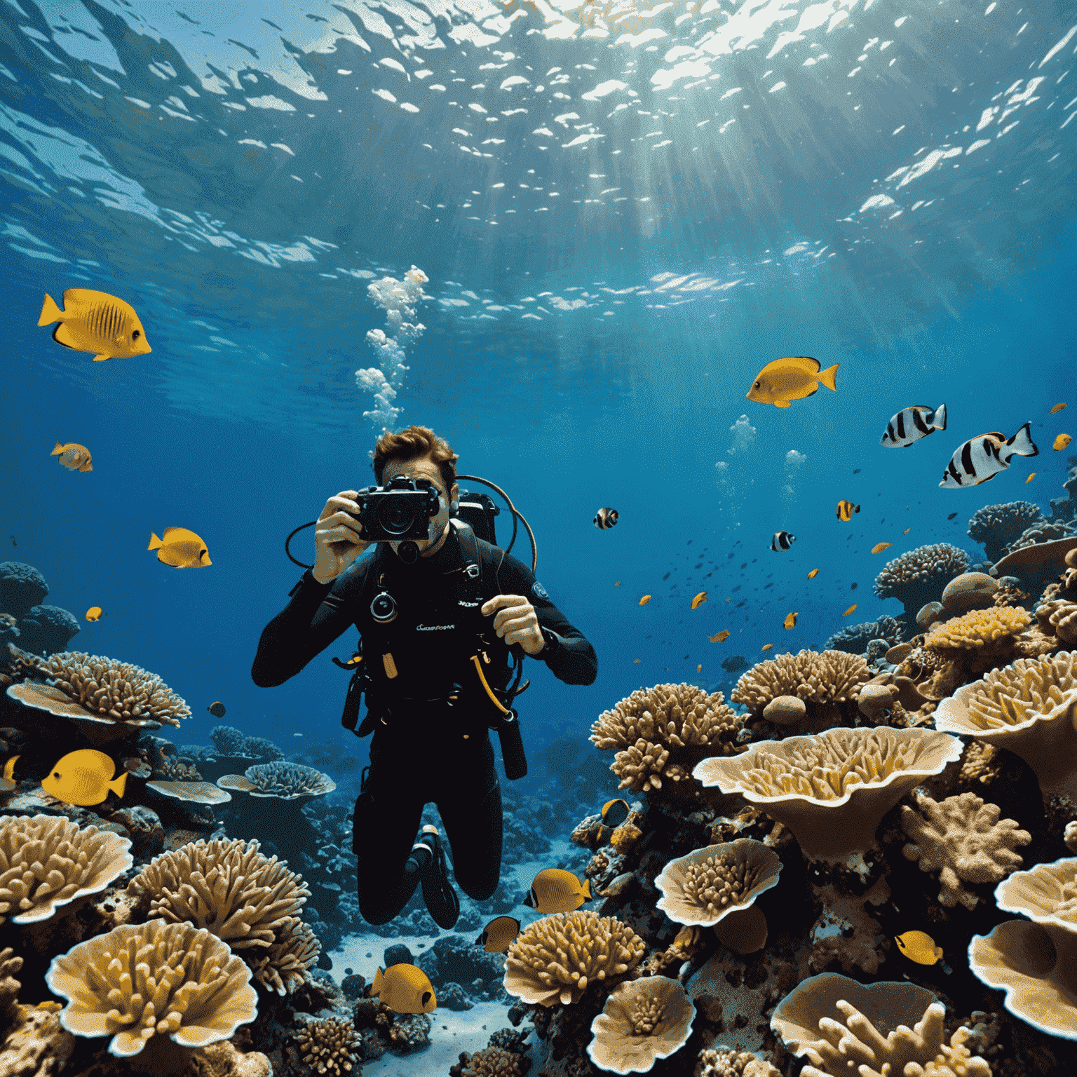 A diver with a camera photographing a colorful coral reef and tropical fish, maintaining a safe distance