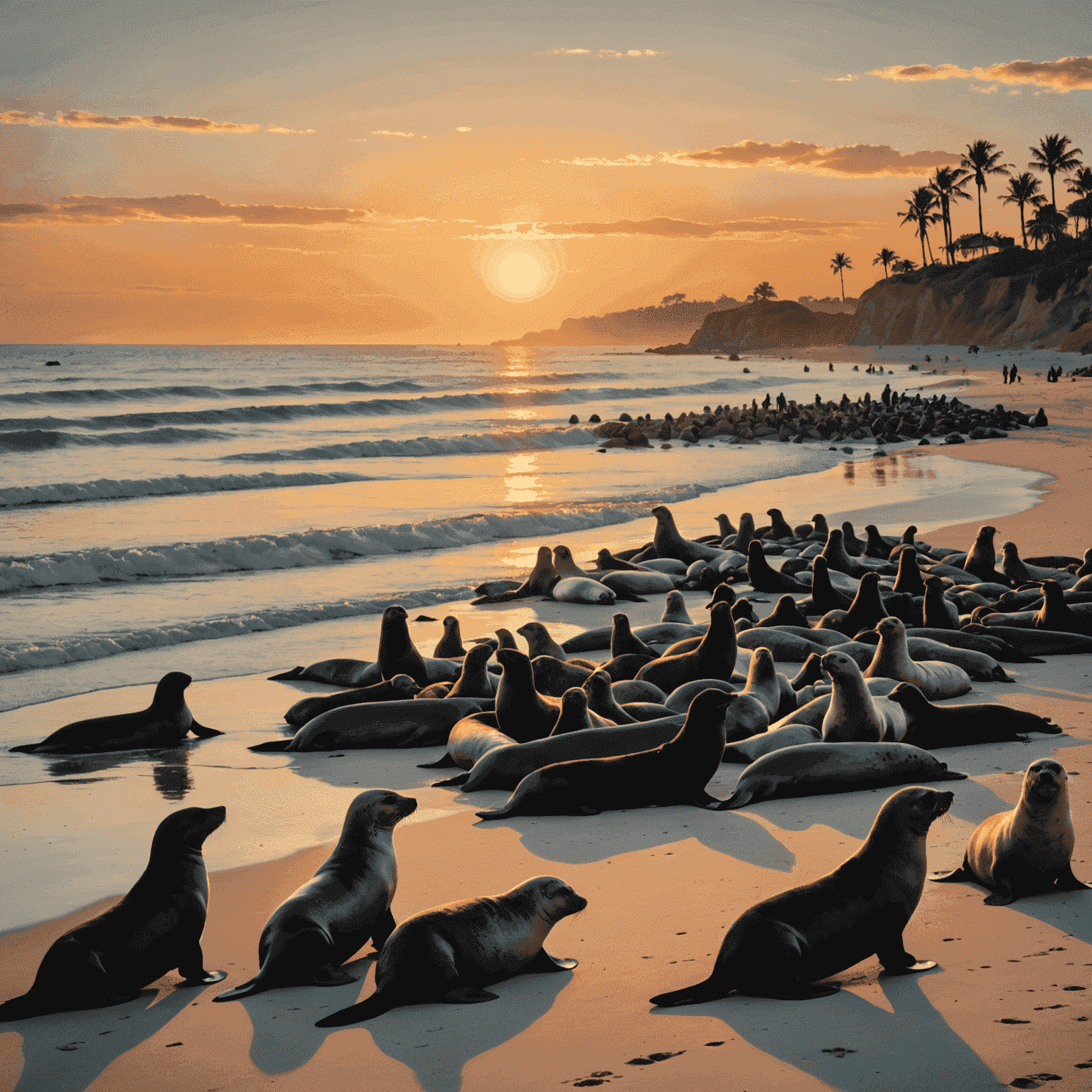 A beautiful sunset scene with silhouettes of seals and sea lions on a beach, symbolizing the harmony between human observers and marine life when proper viewing practices are followed.
